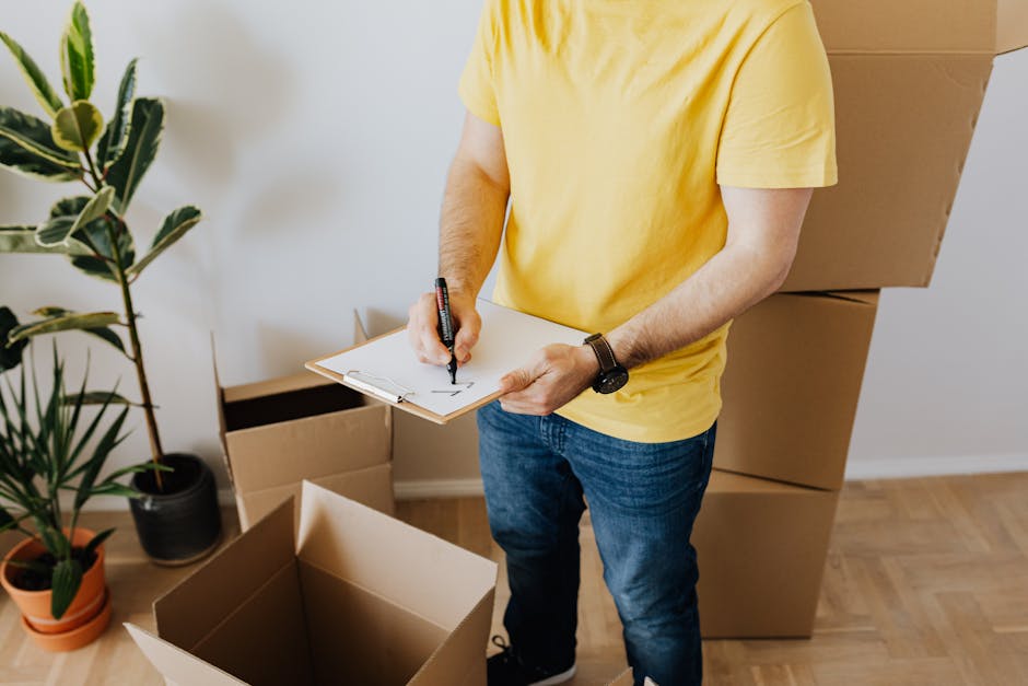 A person wearing a yellow t-shirt and blue jeans is standing indoors among several cardboard moving boxes of various sizes, some open and some sealed. They are holding a clipboard in their left hand and writing or marking on it with a black marker in their right hand. The setting appears to be a home environment, with a wooden floor and a white wall. To the left, there are two potted plants, one with large green leaves and the other smaller, placed on the floor. The scene captures a moment during house removals or a home relocation, with the individual preparing or checking an inventory or packing list as part of the packing and moving process. Several stacked boxes are visible behind the person, suggesting an organized approach to furniture transport and logistics, possibly facilitated by a professional removal service like Man and a Van Notting Hill.